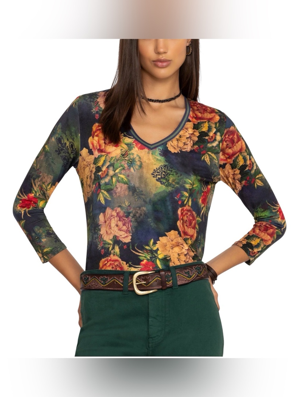 Johnny Was The Janie Favorite Floral 3/4 Sleeve V-Neck Relaxed Bodice Fix Tee